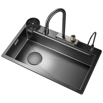 2024 ステンレス スチール キッチン シンク 2 ピアノ キーを用いた LED ウォーターフォール 蛇口 大きなシングル スロット バイオニック ハニーキャブ ブラック ウォッシュ バ